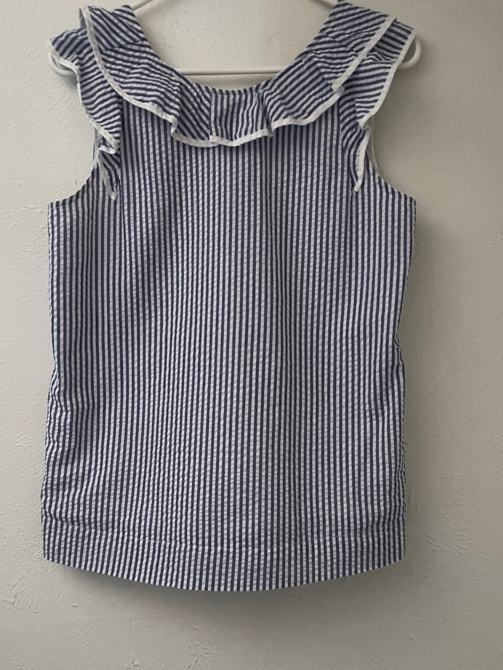 Duffield Lane Ellis Blue White Seersucker Ruffle Collar Cotton Top S